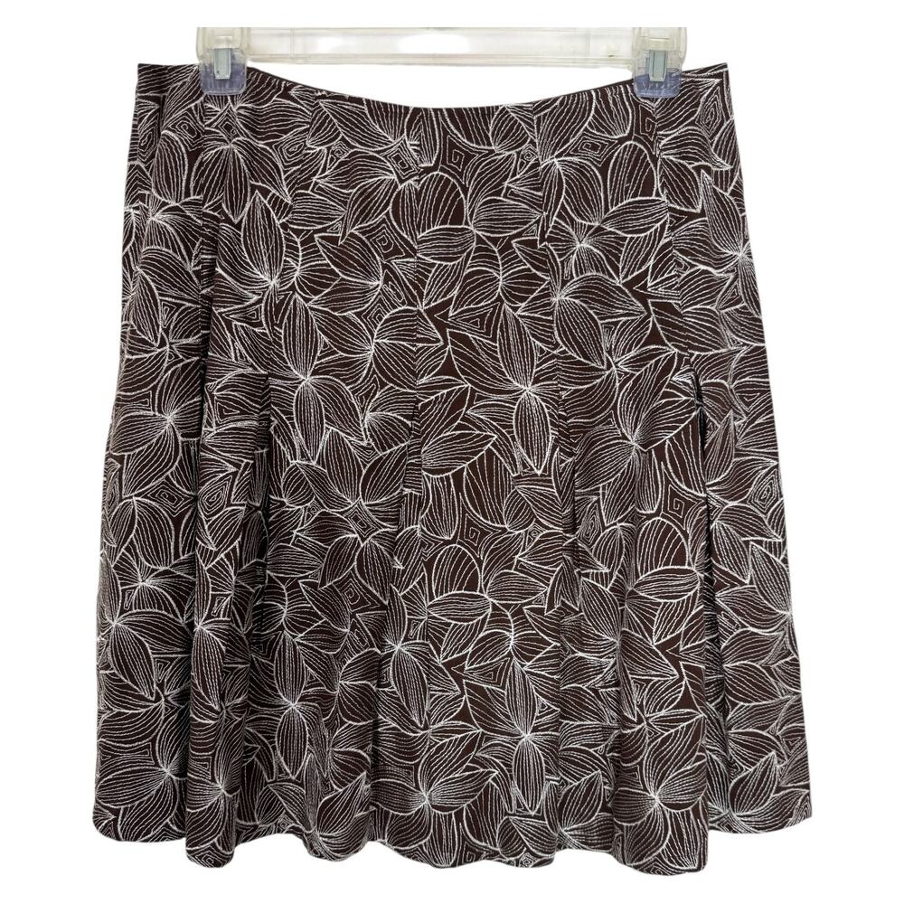 Chocolate Brown Embroidered Linen Midi Skirt 14P Petite Pleated Office Botanical